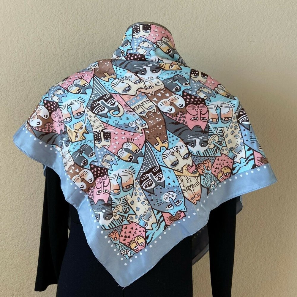 Dulanna 100% Silk Square Scarf Kitty Cat Print Pastel Color Moscow 34'' x 34''